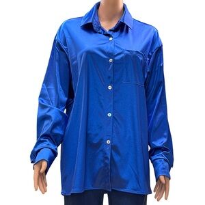 Like Love Stylish Royal Blue Women's Button-Down Satin Shirt Large